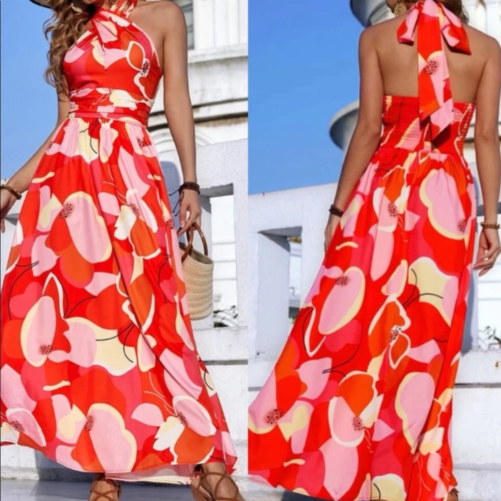 Boho Plus Size Red Floral Print Tie Back Halter Maxi Dress - Picture 5 of 14